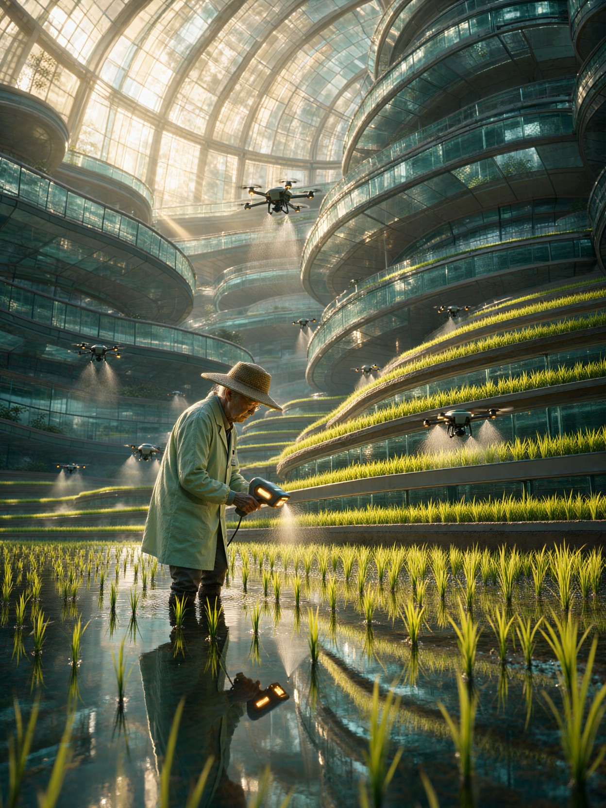 Botanist in Futuristic Rice Arcology — AI generated image