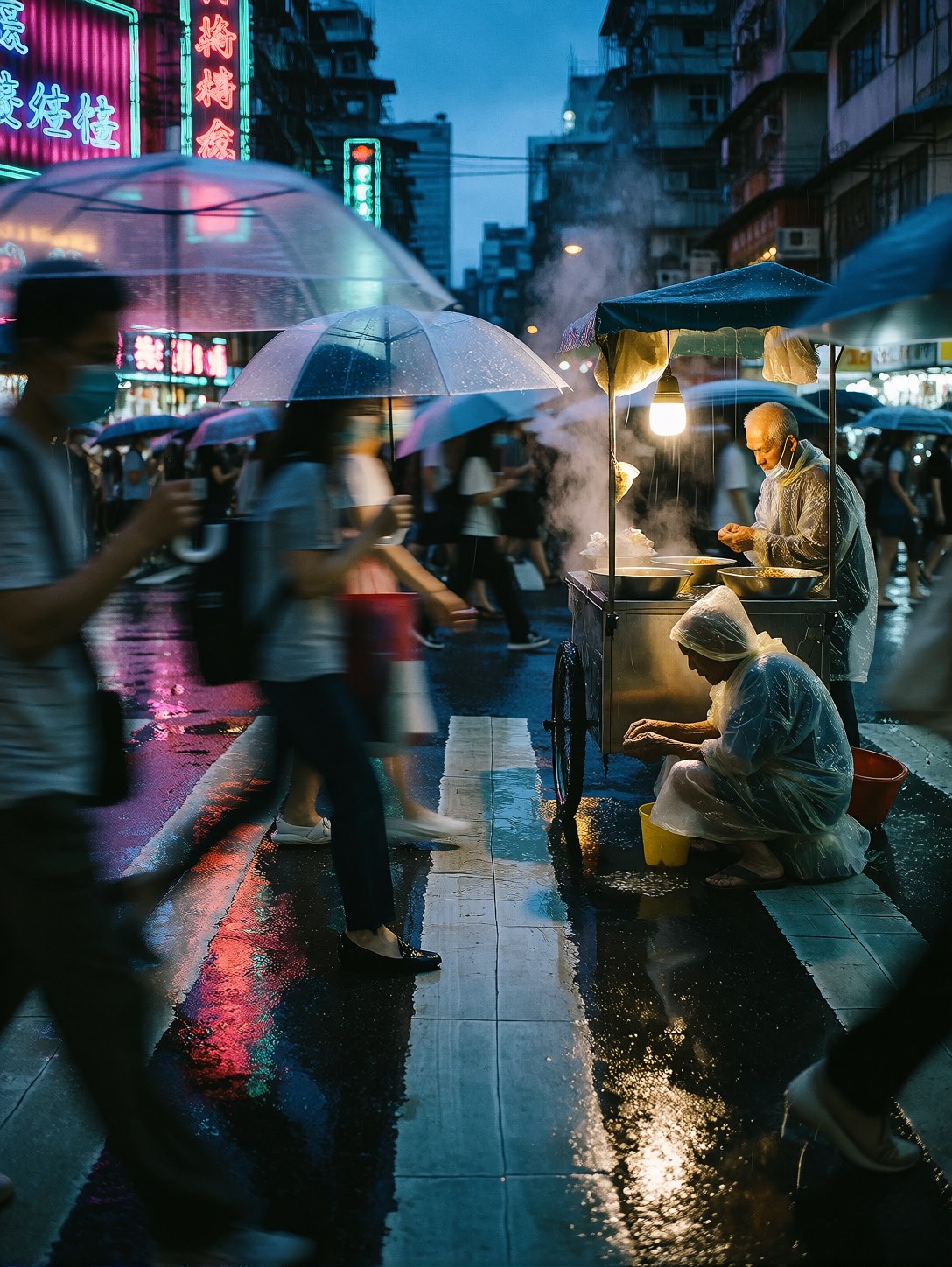 Rainy Crosswalk Noodle Vendor — AI generated image