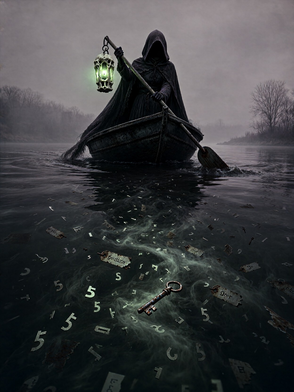 Ferrywoman On River Of Forgotten Names — AI generated image