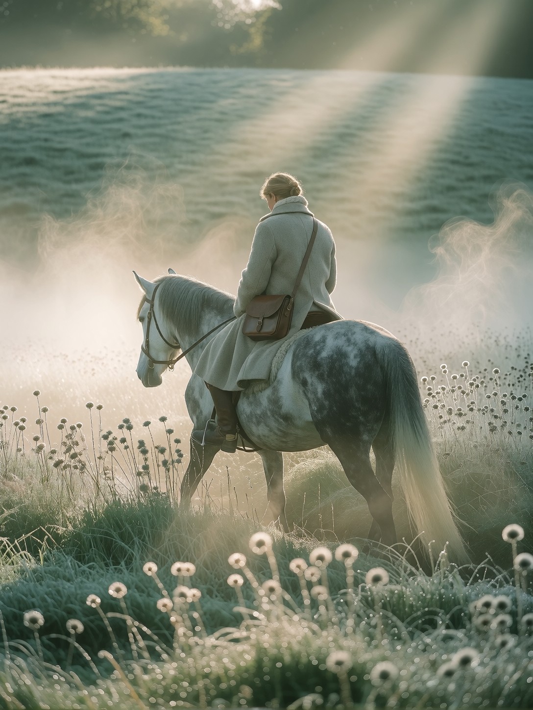 Lone Rider In Misty Meadow — AI generated image