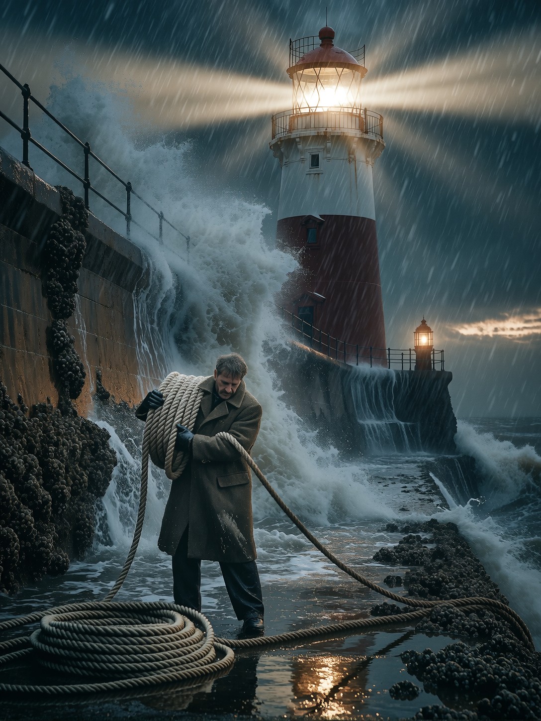 Stormy Lighthouse Keeper At Dusk — AI generated image