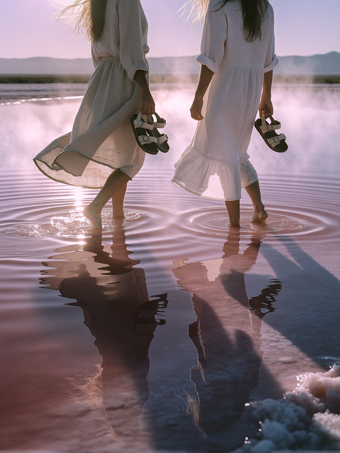 Friends Wading Pink Salt Lake — AI generated image
