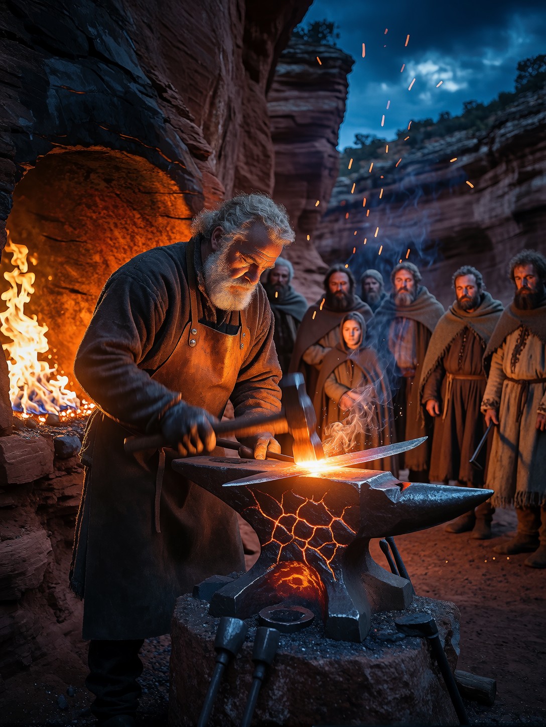Blacksmith Forging Meteorite Blade At Dusk — AI generated image