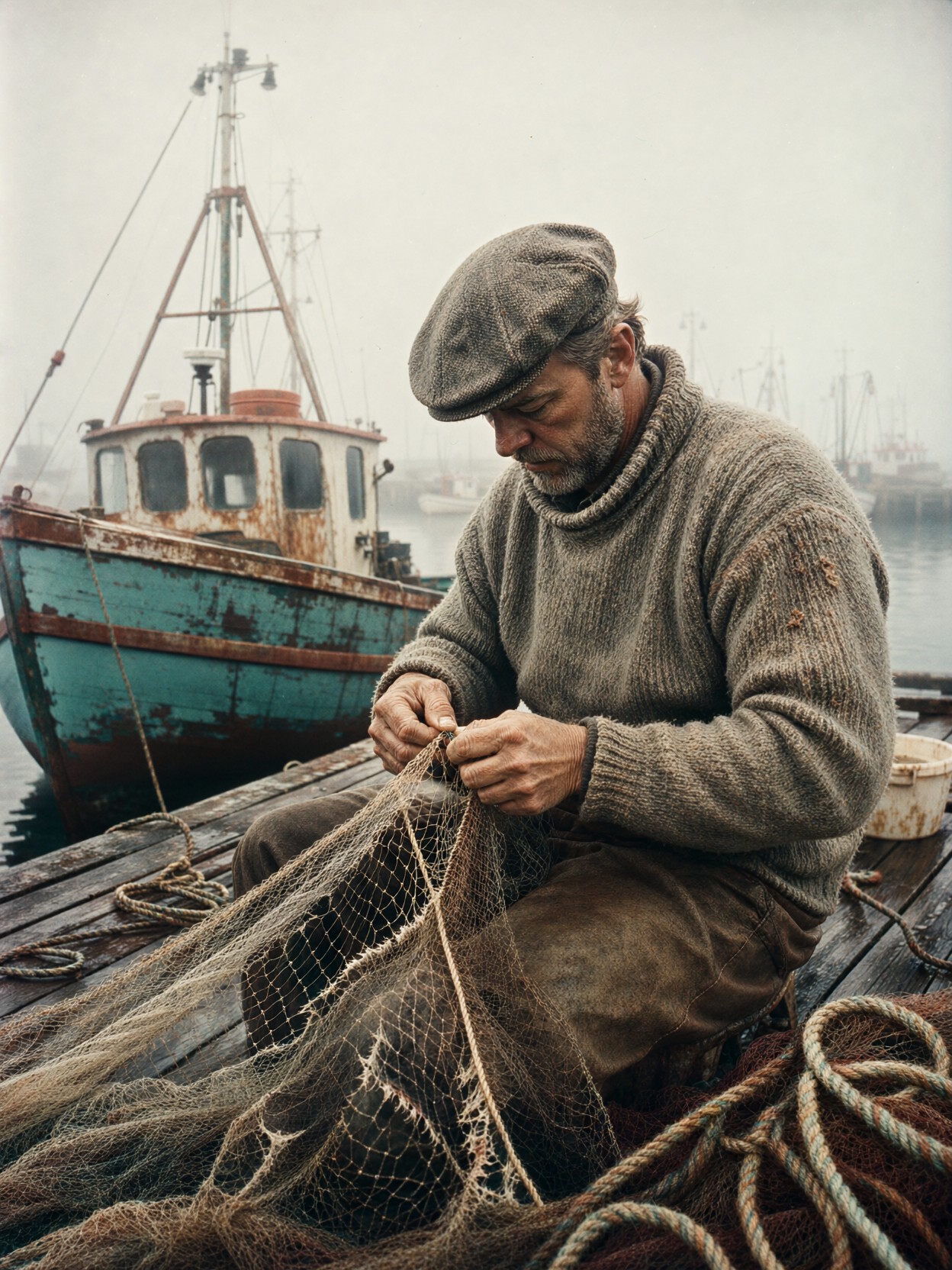 Weathered Fisherman Mending Nets — AI generated image