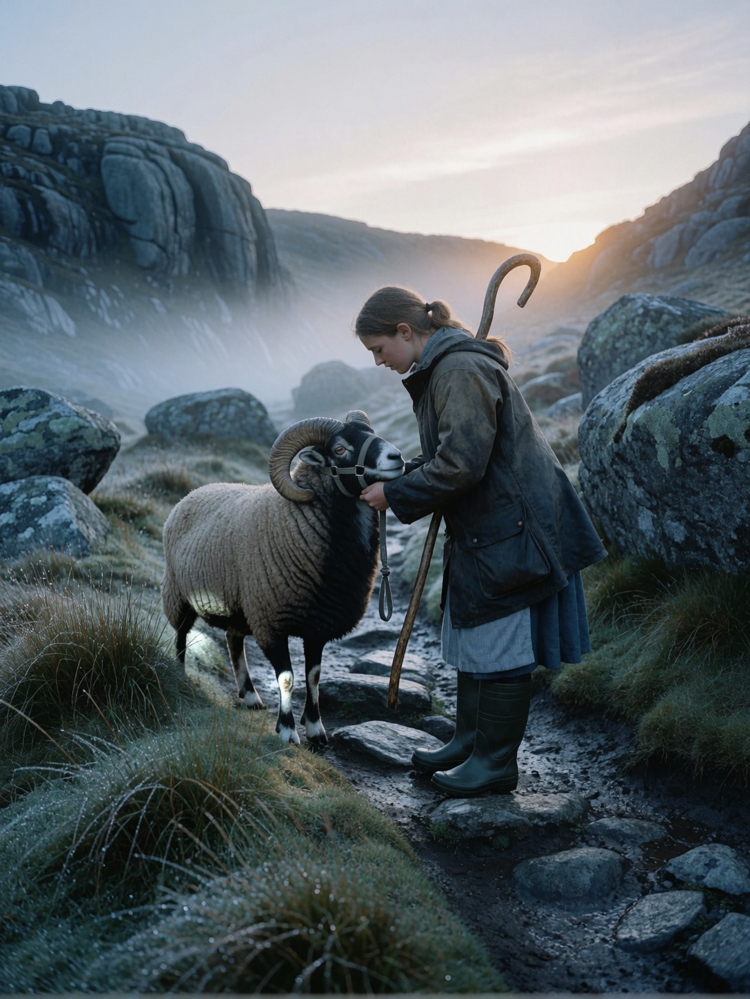 Shepherdess Taming Stubborn Ram — AI generated image