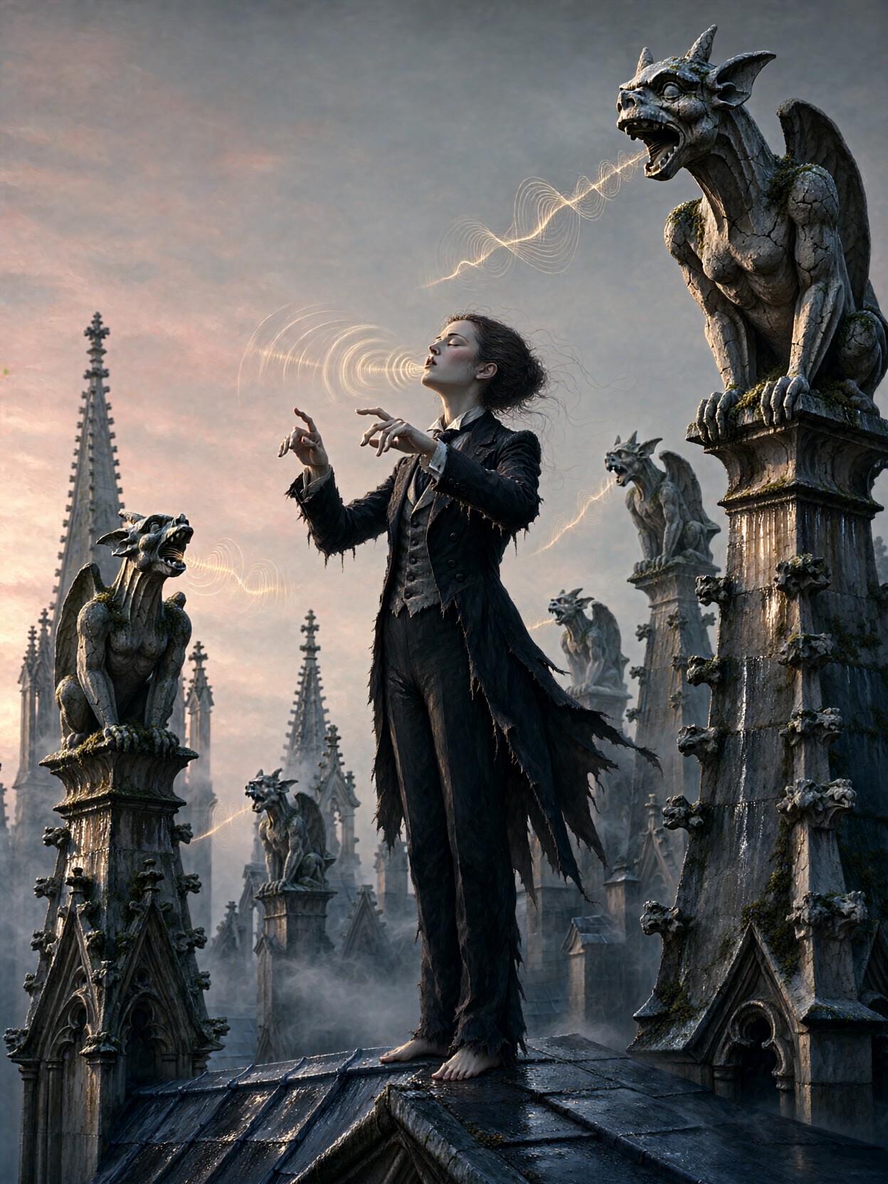 Deaf Musician Conducts Gargoyle Choir — AI generated image