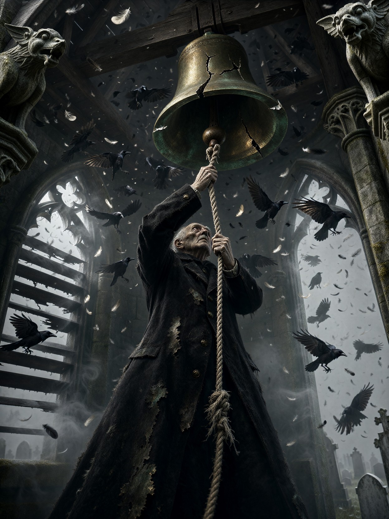Sexton Tolling Bell Amid Crows — AI generated image