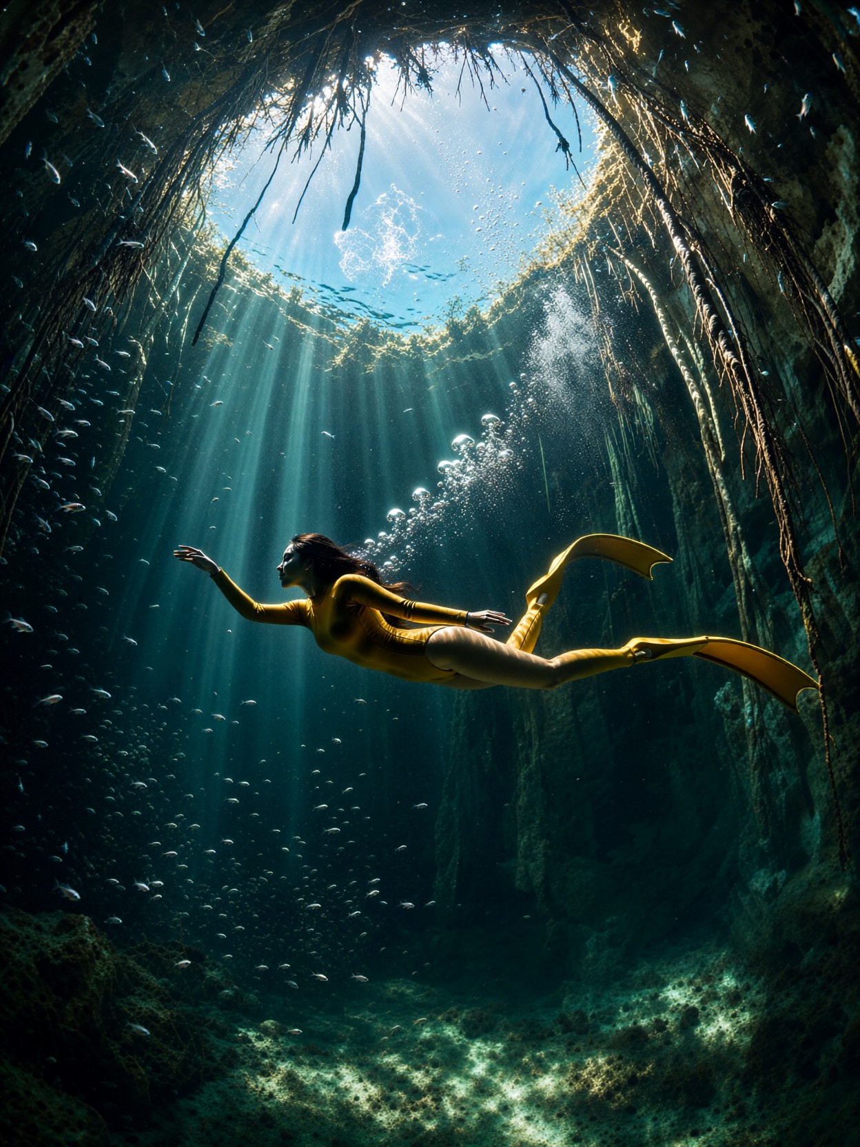 Freediver Gliding Through Sunlit Cenote — AI generated image