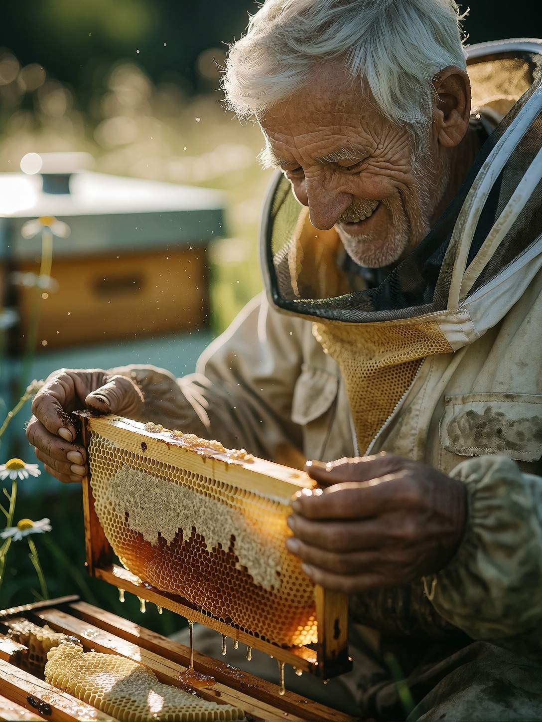 Smiling Elderly Beekeeper Holding Honeycomb Frame — AI generated image