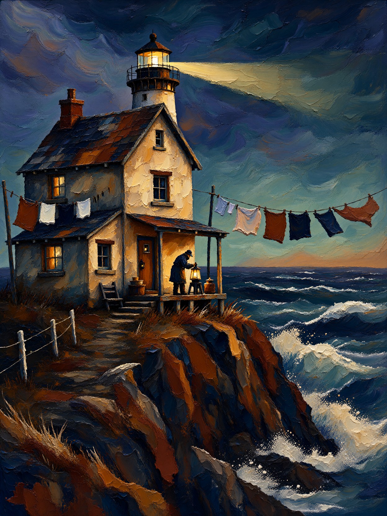 Lighthouse Cottage In Gouache Dusk — AI generated image