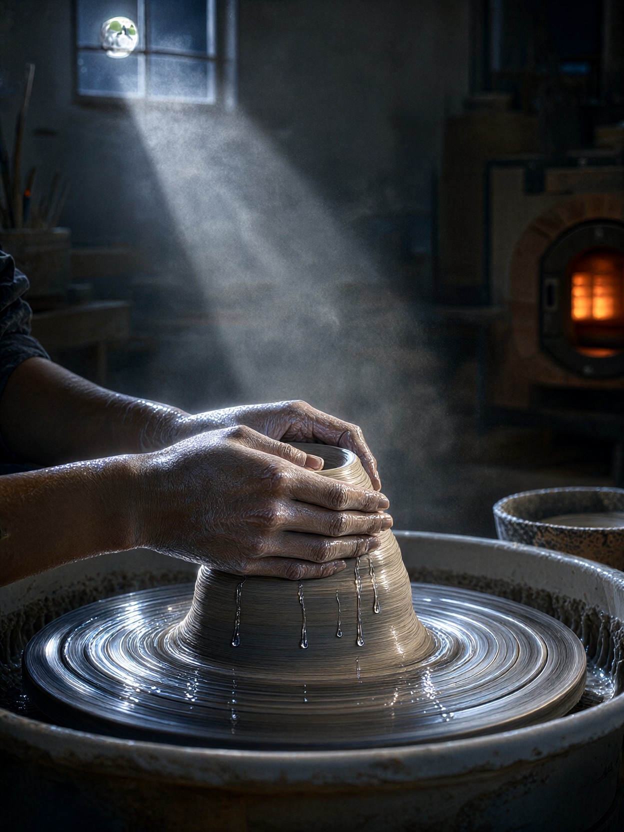 Meditative Hands Shaping Spinning Clay Under Moonlight — AI generated image