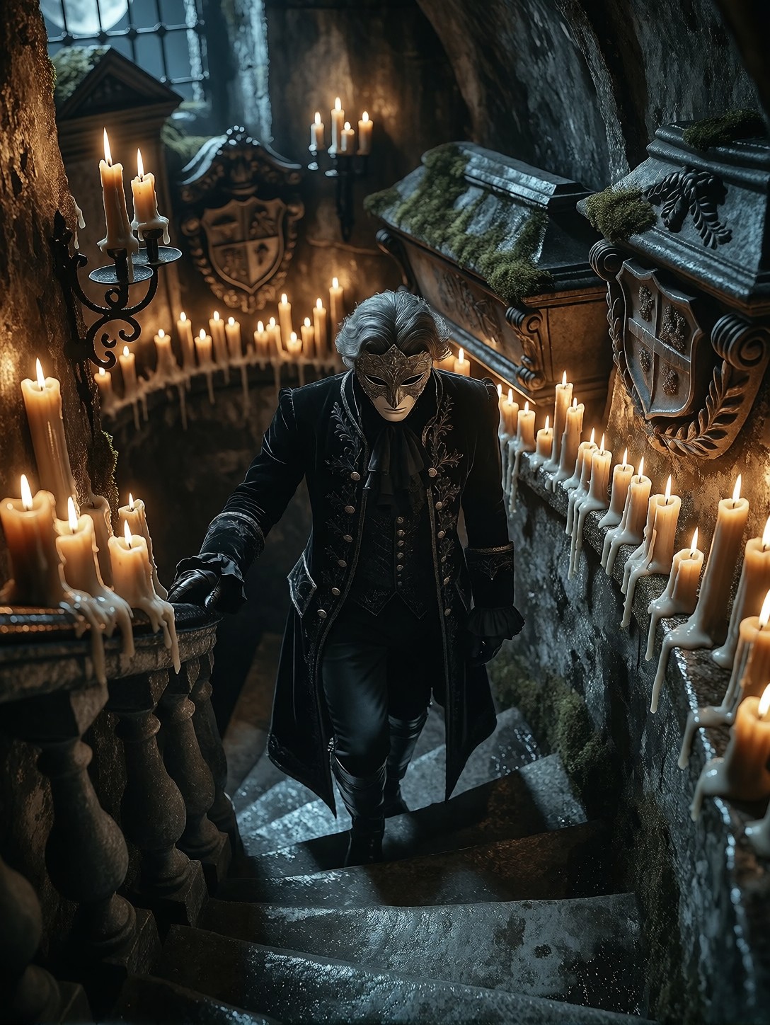Gothic Nobleman Descending Candlelit Crypt Staircase — AI generated image