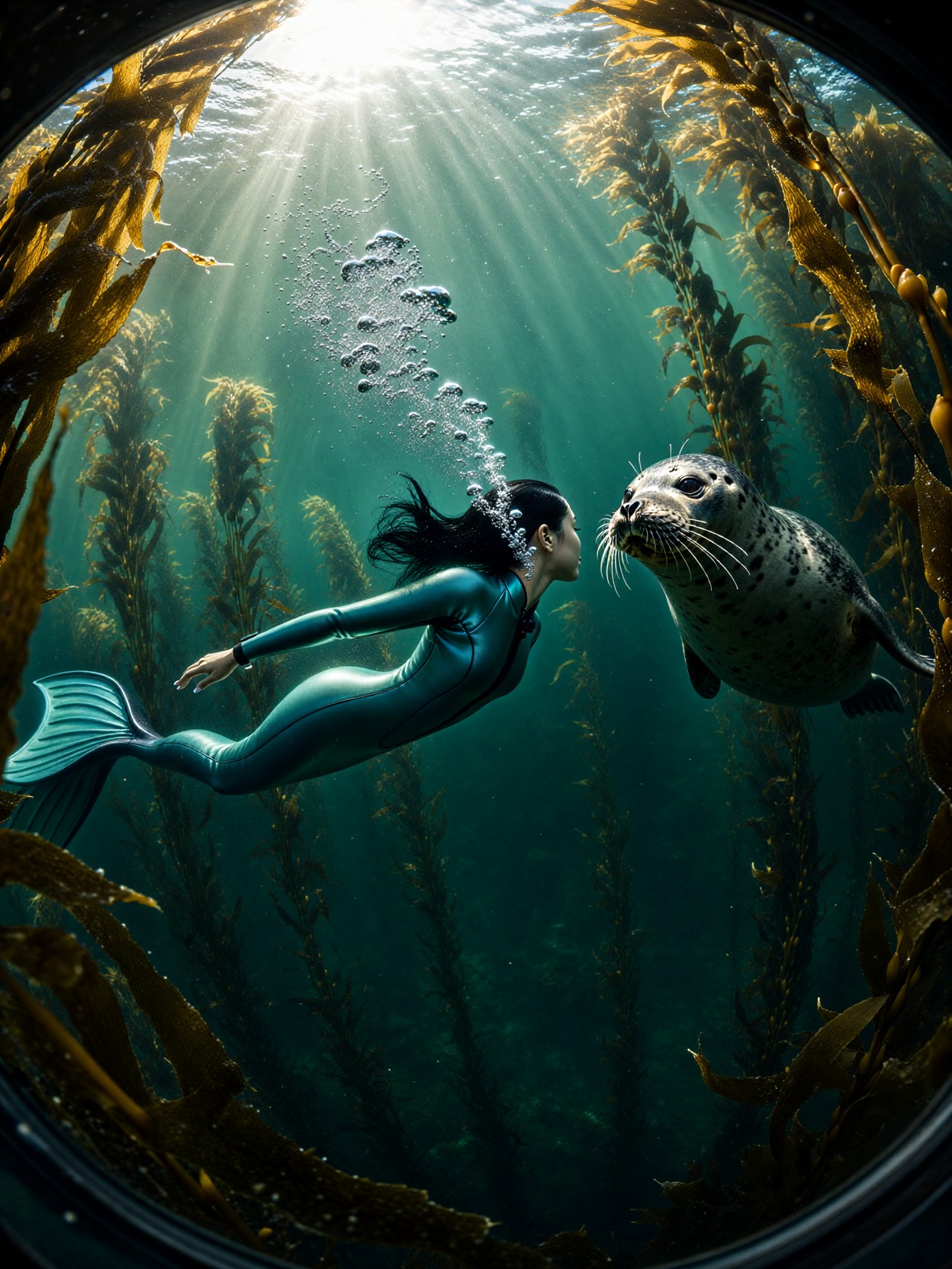 Graceful Free-Diver Gliding Through Kelp — AI generated image