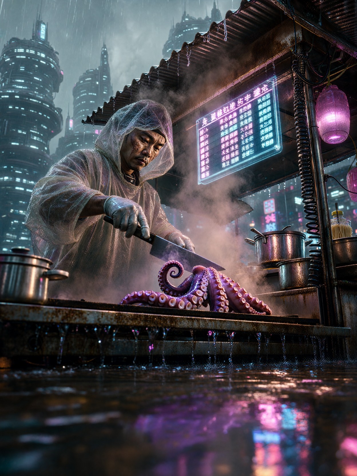Cyberpunk Street Chef Grilling Synthetic Octopus — AI generated image