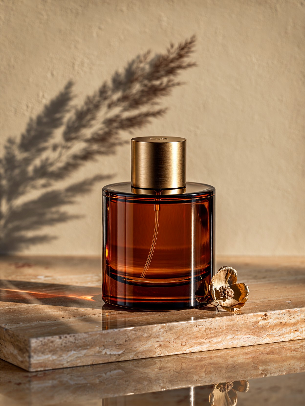 Amber Perfume Bottle Still Life — AI generated image