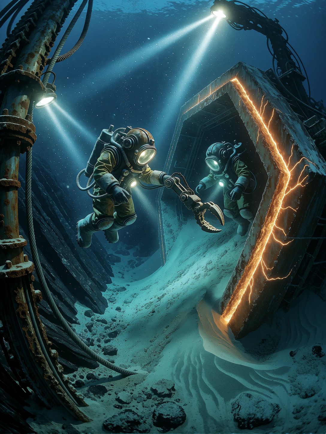 Deep-Sea Miners Explore Glowing Structure — AI generated image