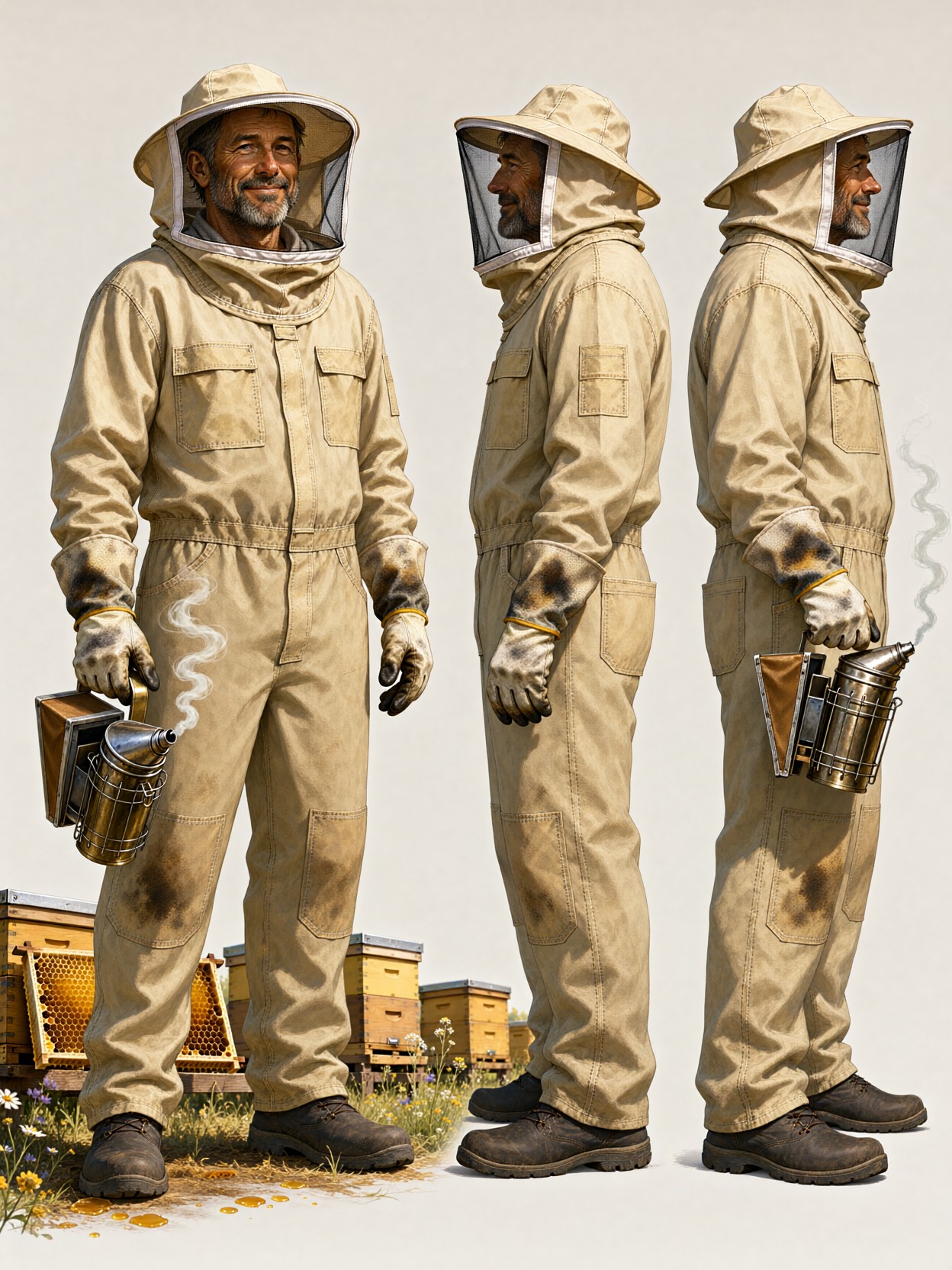 Weathered Beekeeper Character Turnaround Study — AI generated image