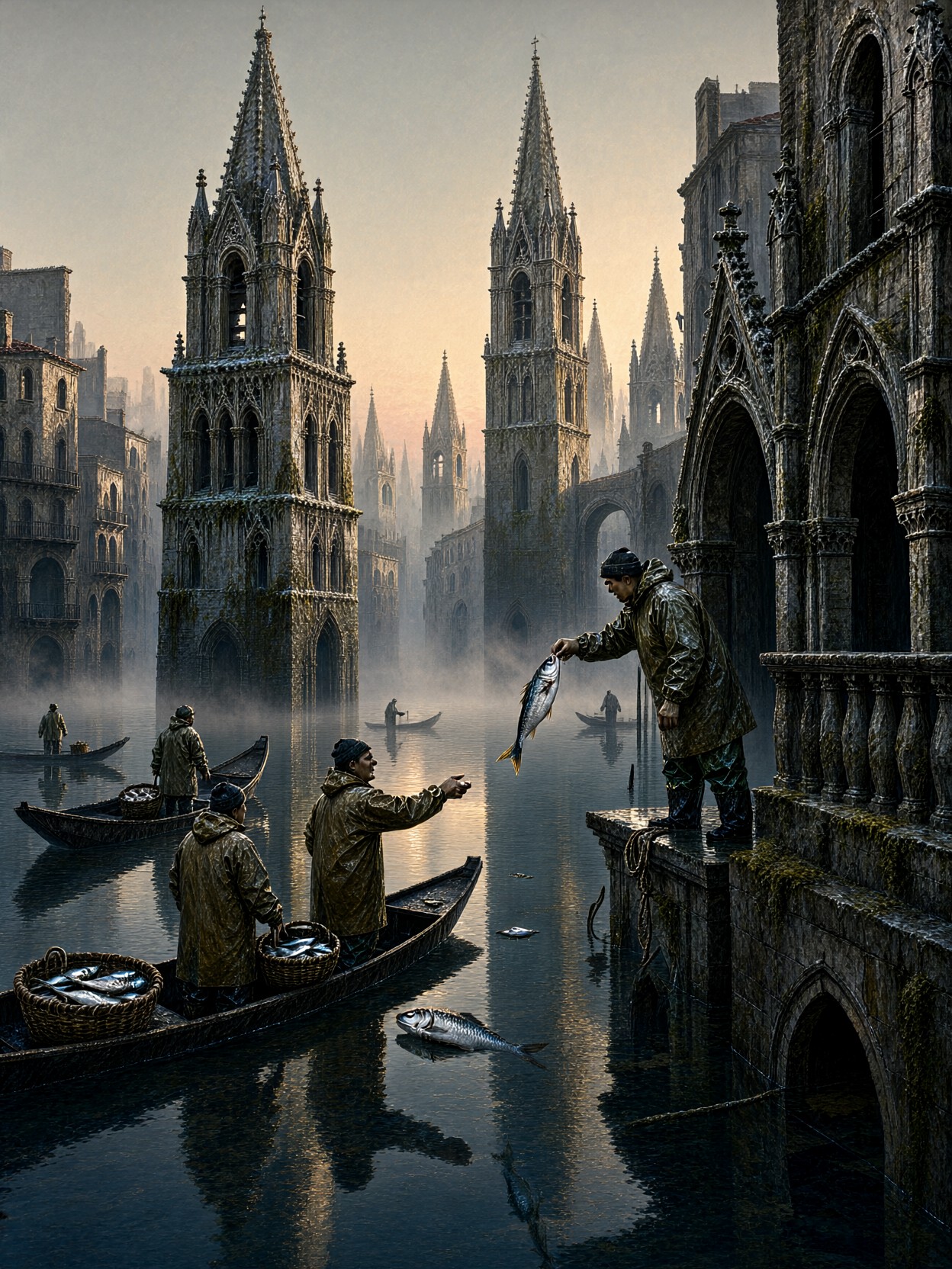 Drowned Gothic Cathedral City At Dawn — AI generated image