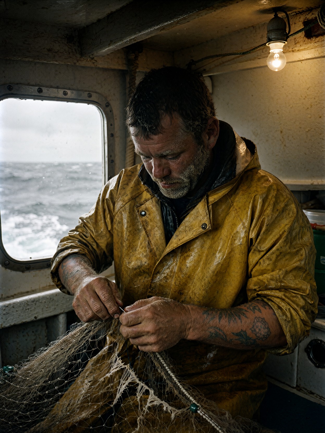 Weathered Fisherman Mending Net — AI generated image