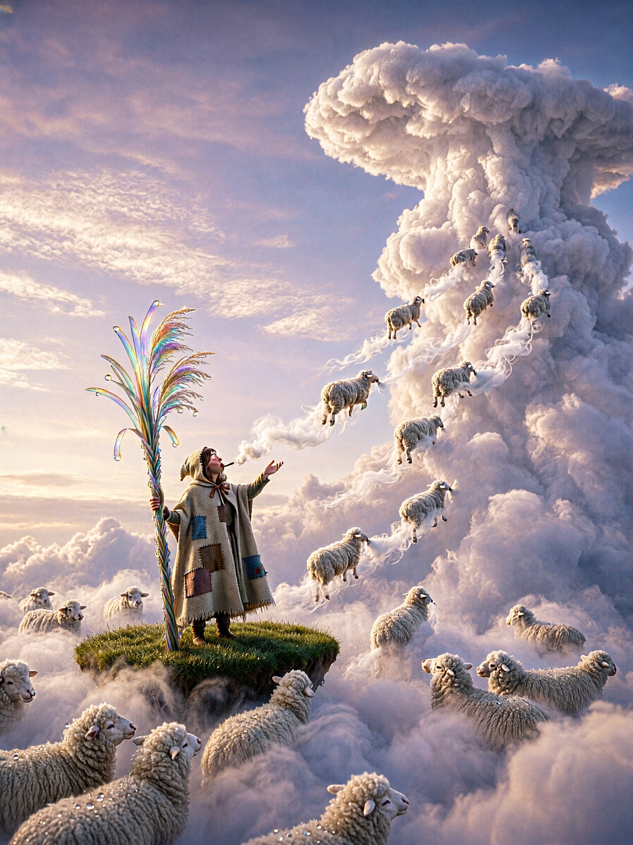 Cloud Shepherdess On Floating Plateau — AI generated image