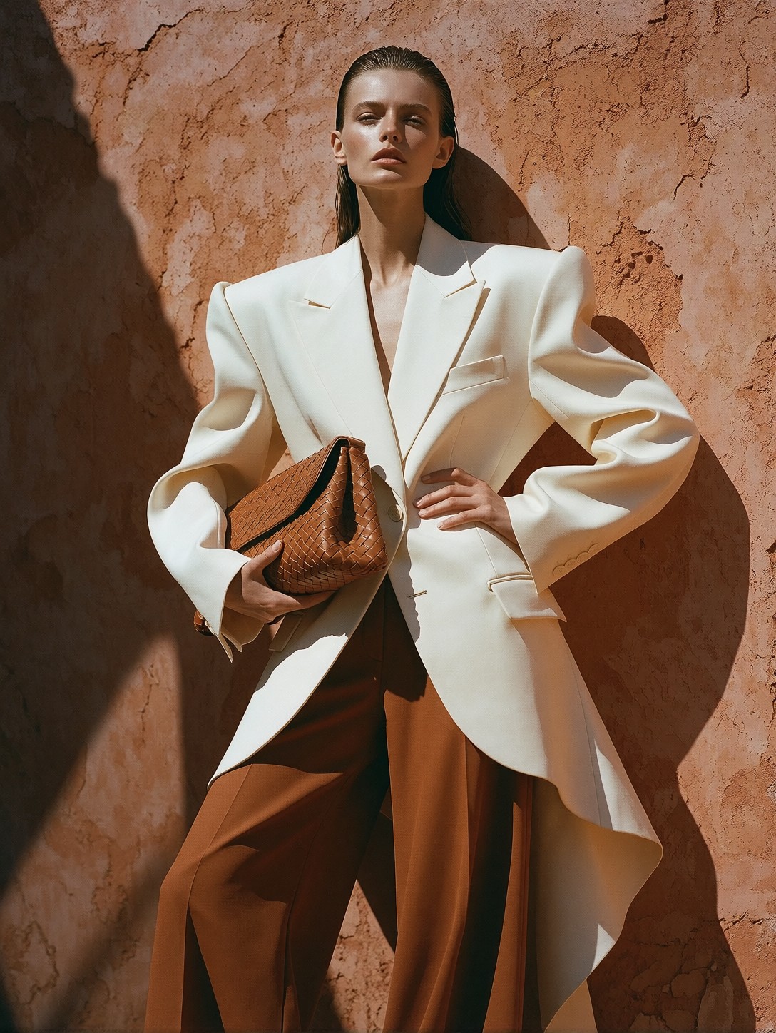 High-Fashion Model Against Terracotta Wall — AI generated image