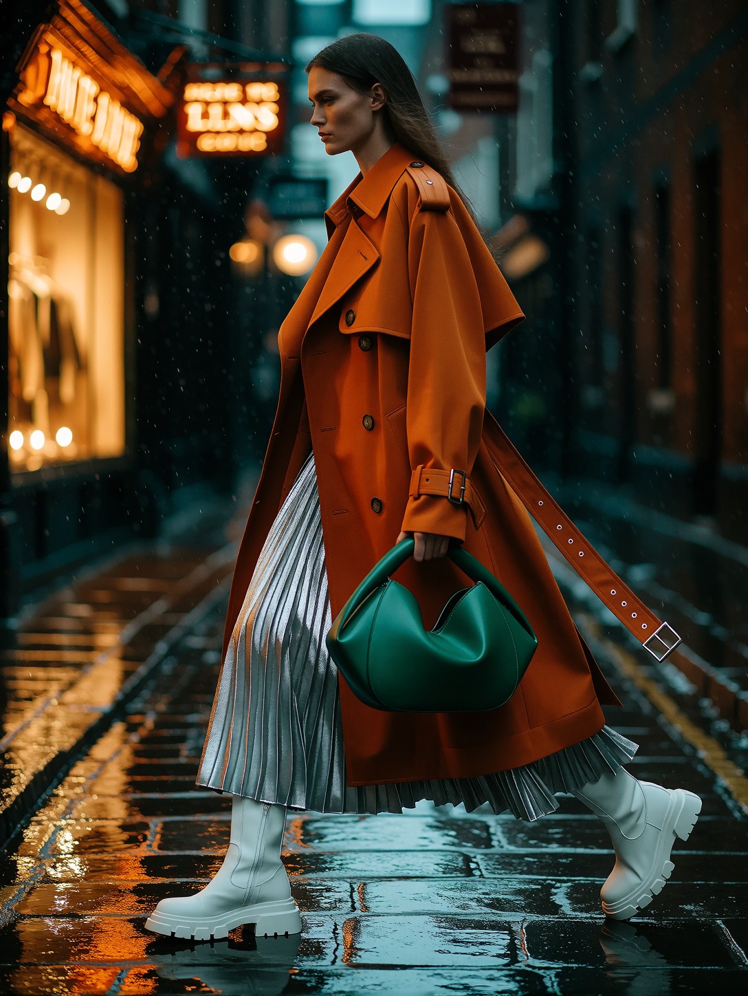 Model Striding Through Rainy Alley — AI generated image