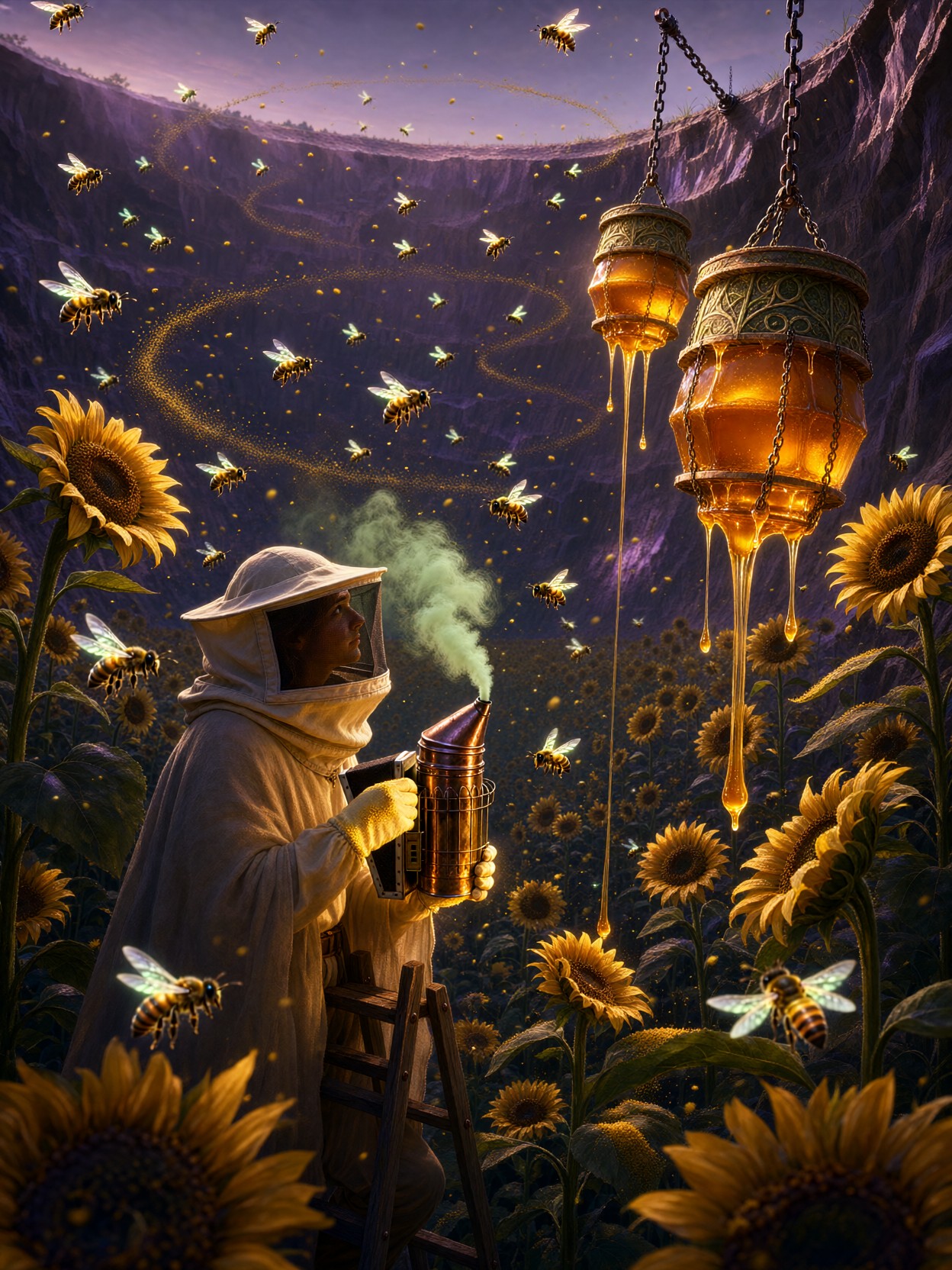 Beekeeper Harvesting Glowing Honey In Crater — AI generated image