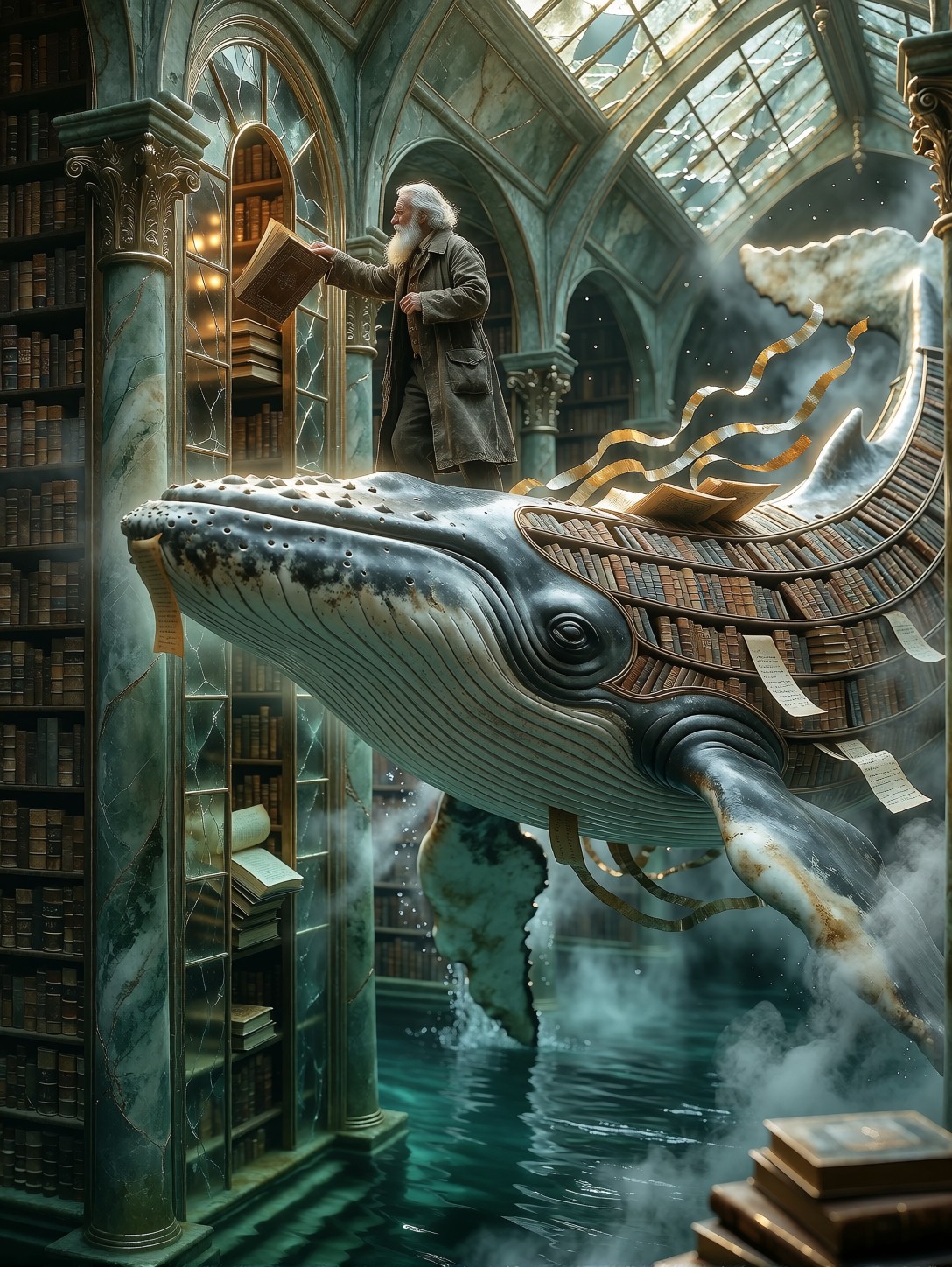 Librarian Riding Whale Through Drowned Library — AI generated image