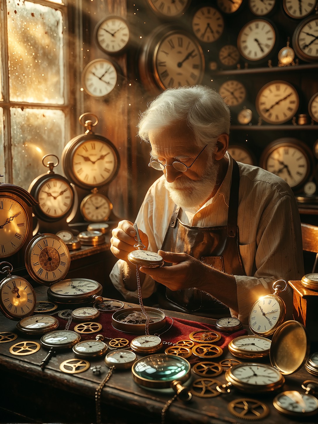 Elderly Clockmaker Winding Pocket Watch — AI generated image