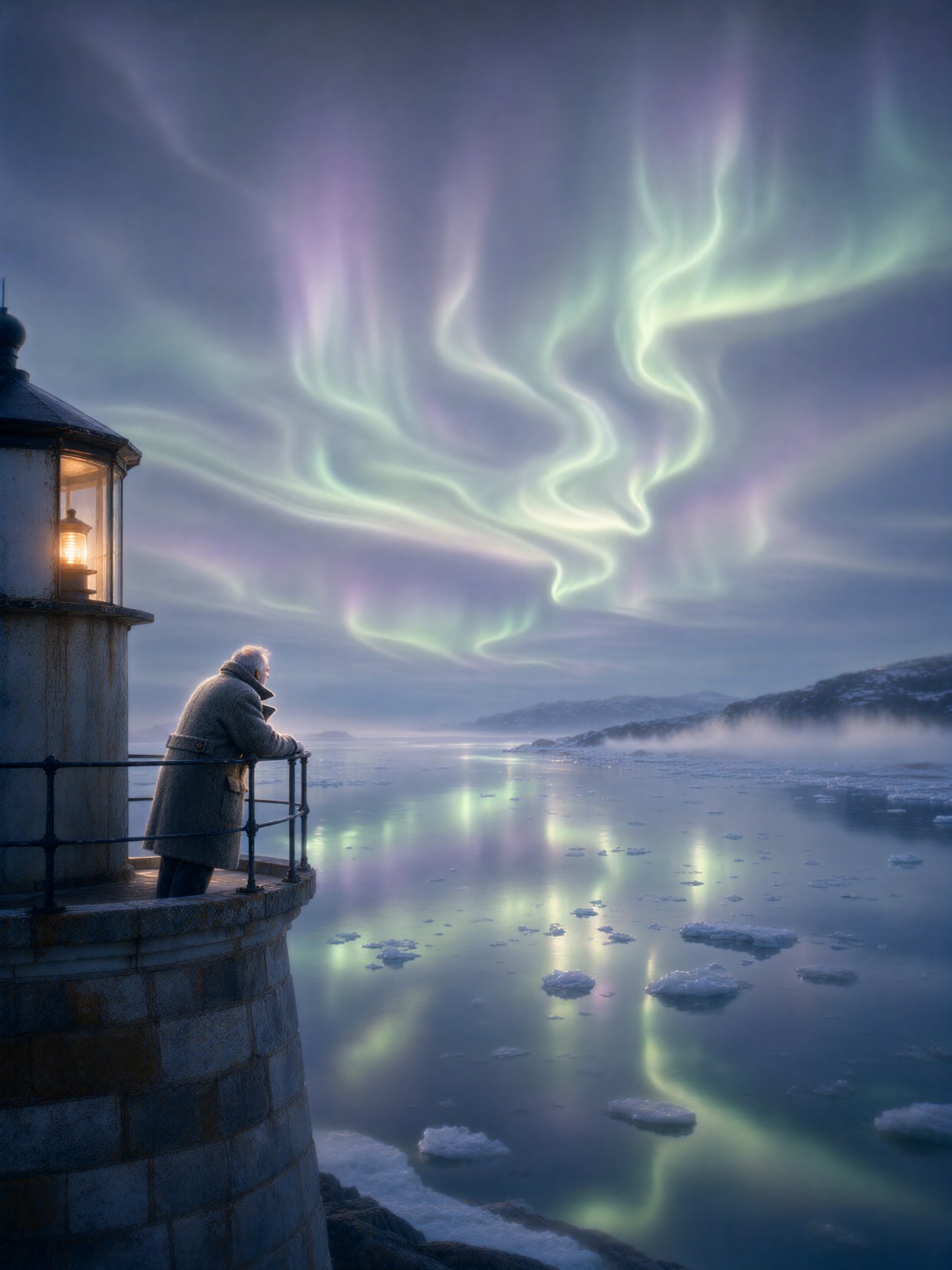 Lighthouse Keeper Beneath Arctic Auroras — AI generated image