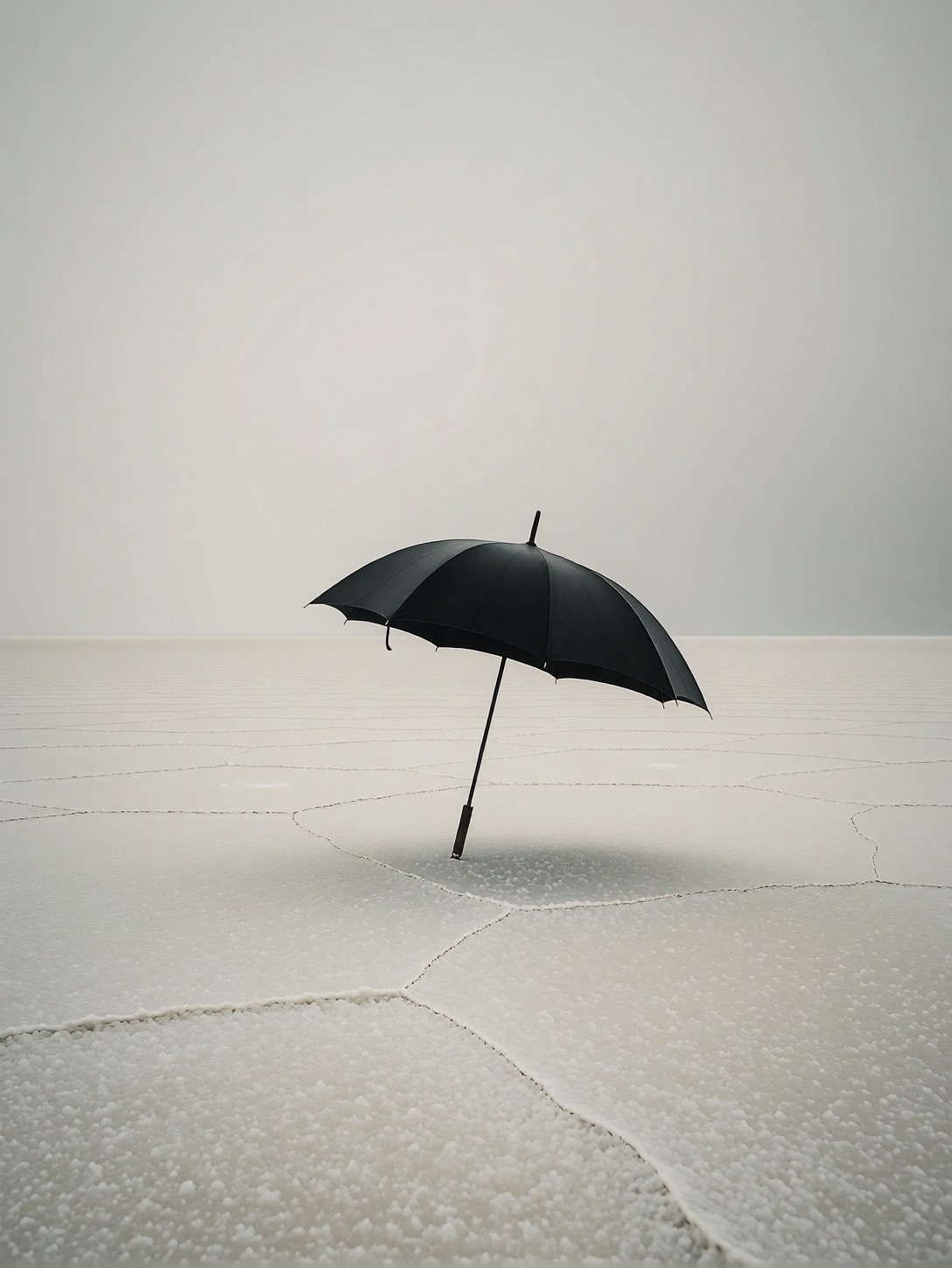 Lone Black Umbrella On Salt Flat — AI generated image