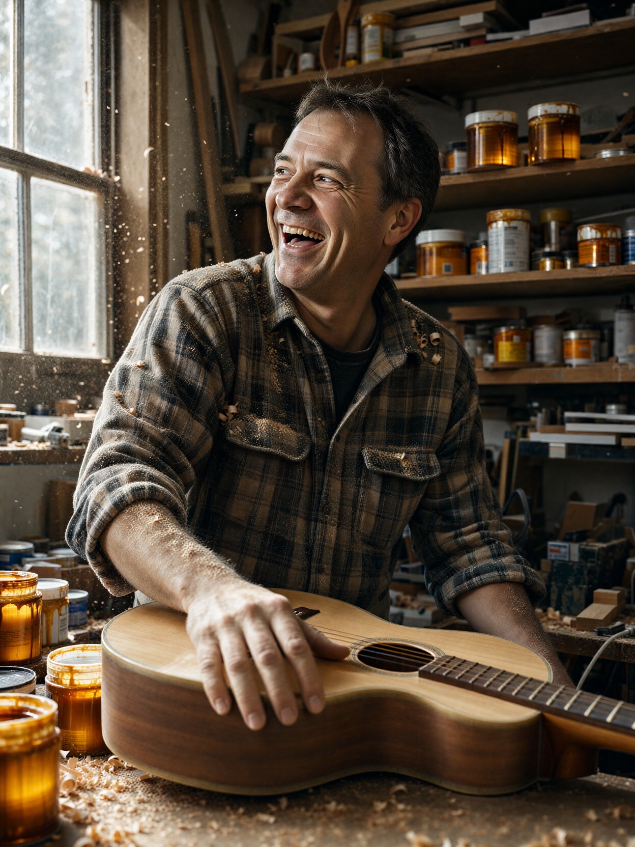 Laughing Luthier In Sunlit Workshop — AI generated image