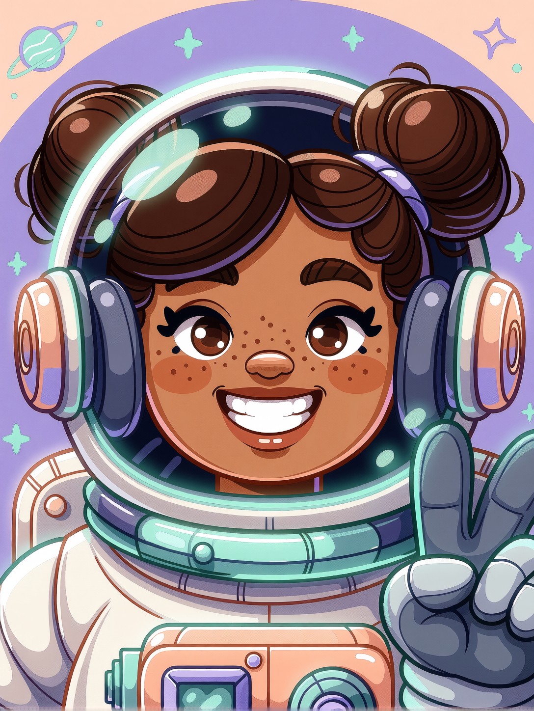 Cheerful Astronaut Girl Peace Sign — AI generated image
