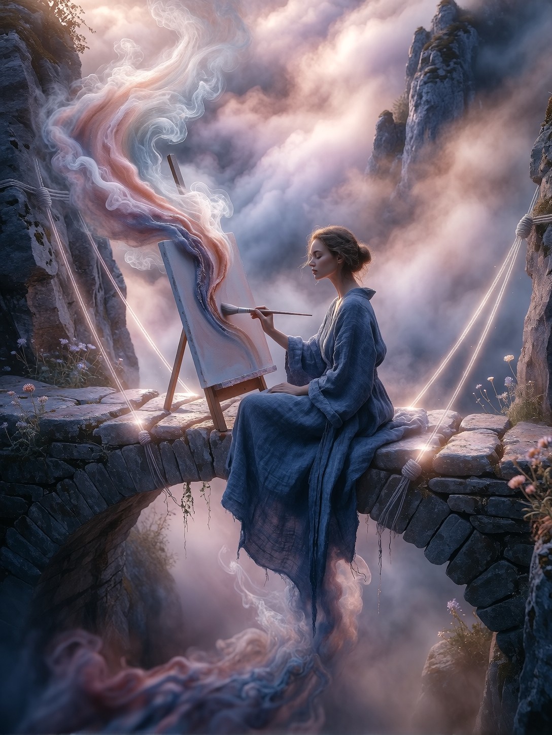 Painter on Floating Misty Bridge — AI generated image