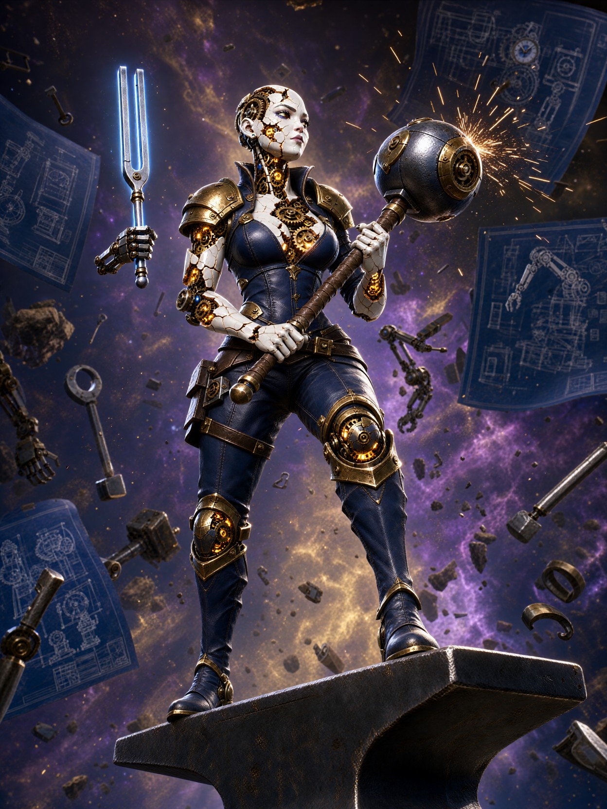 Clockwork Artisan Hero On Floating Anvil — AI generated image