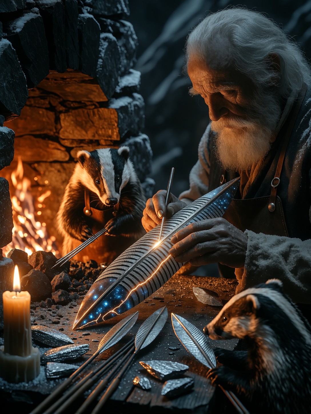 Blind Fletcher Crafting Comet Iron — AI generated image