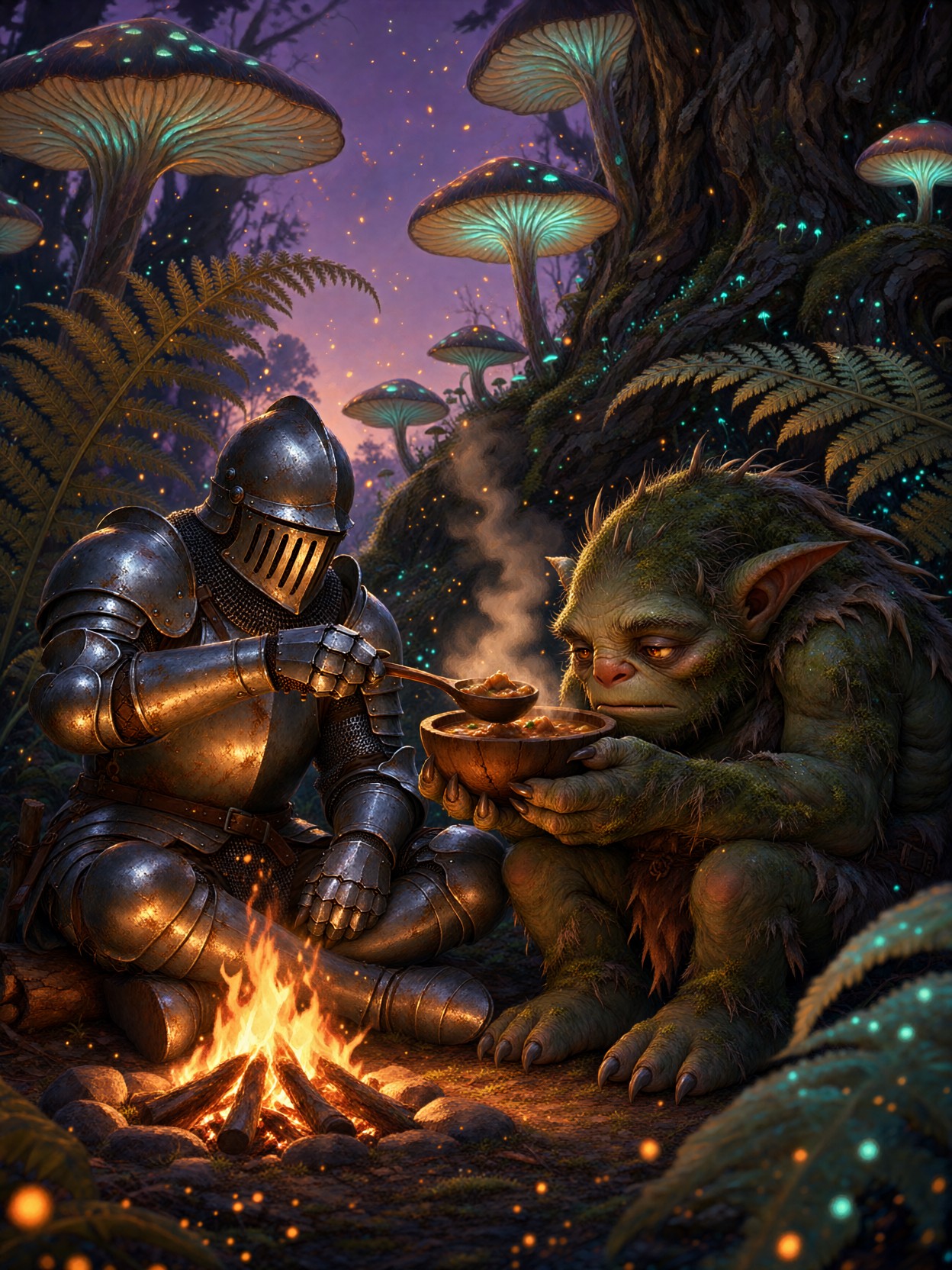 Knight Shares Stew With Forest Troll — AI generated image