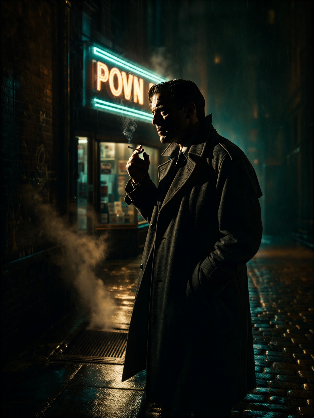 Noir Detective In Rain-Soaked Alley — AI generated image