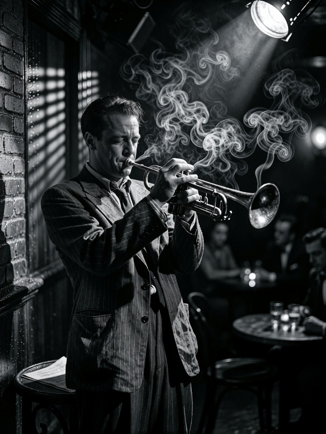 Weary Trumpeter In Smoky Nightclub — AI generated image