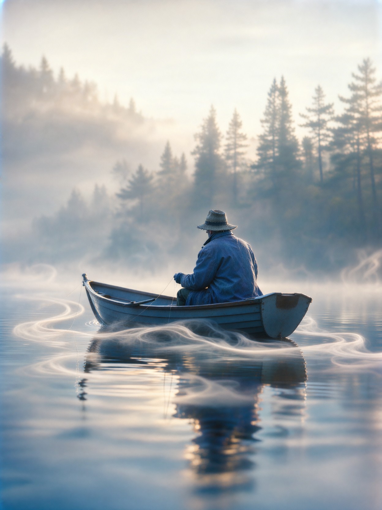 Fisherman In Misty Dawn Lake — AI generated image