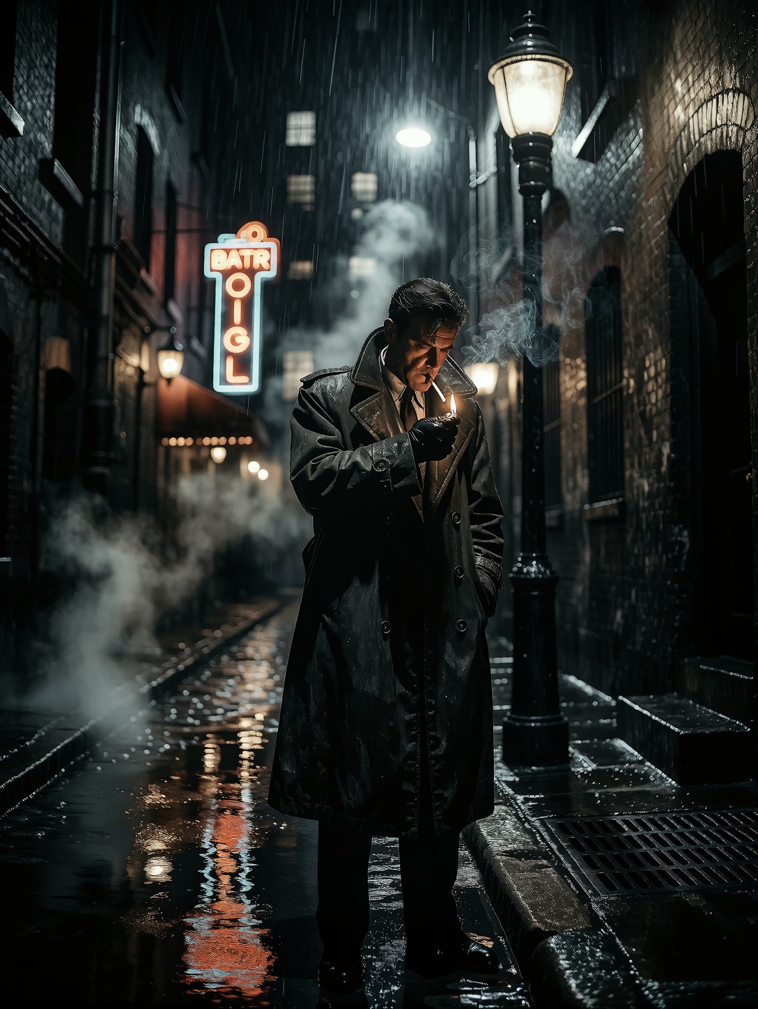 Rainy Noir Detective Under Streetlamp — AI generated image