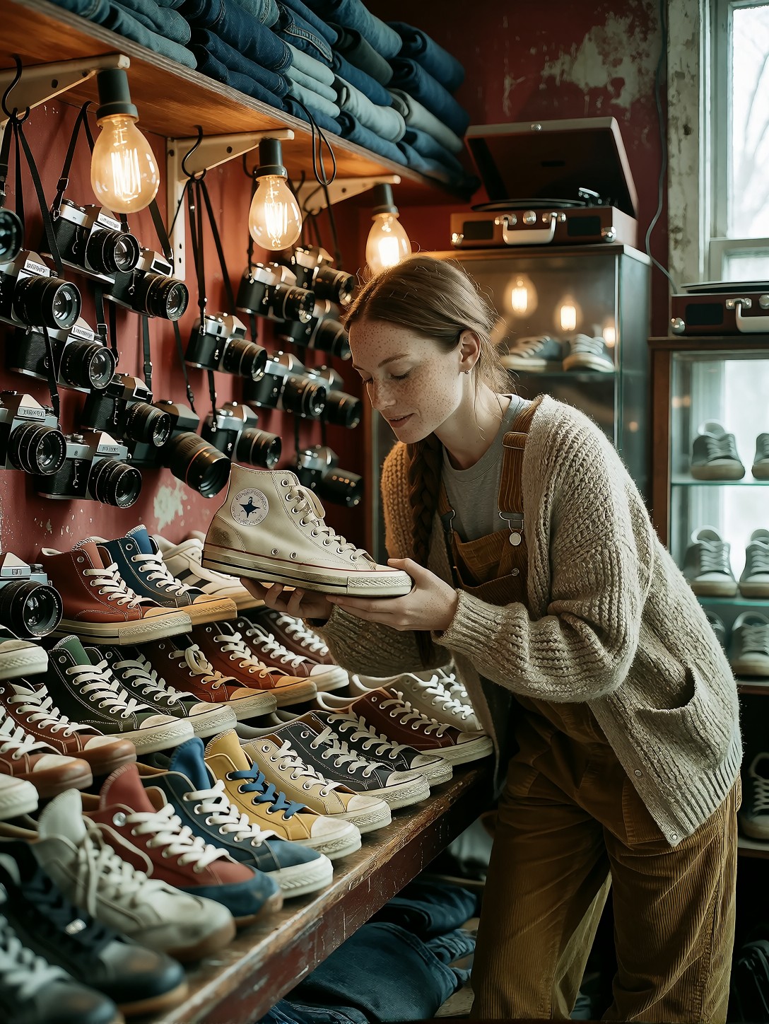 Woman Inspecting Vintage Sneaker Shop — AI generated image