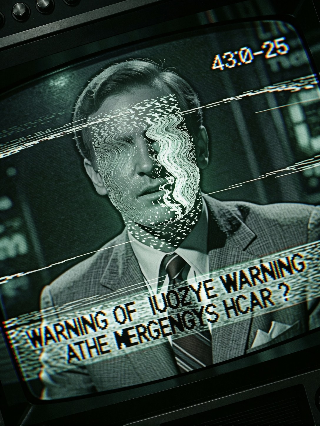 Corrupted VHS Emergency Broadcast Weatherman — AI generated image