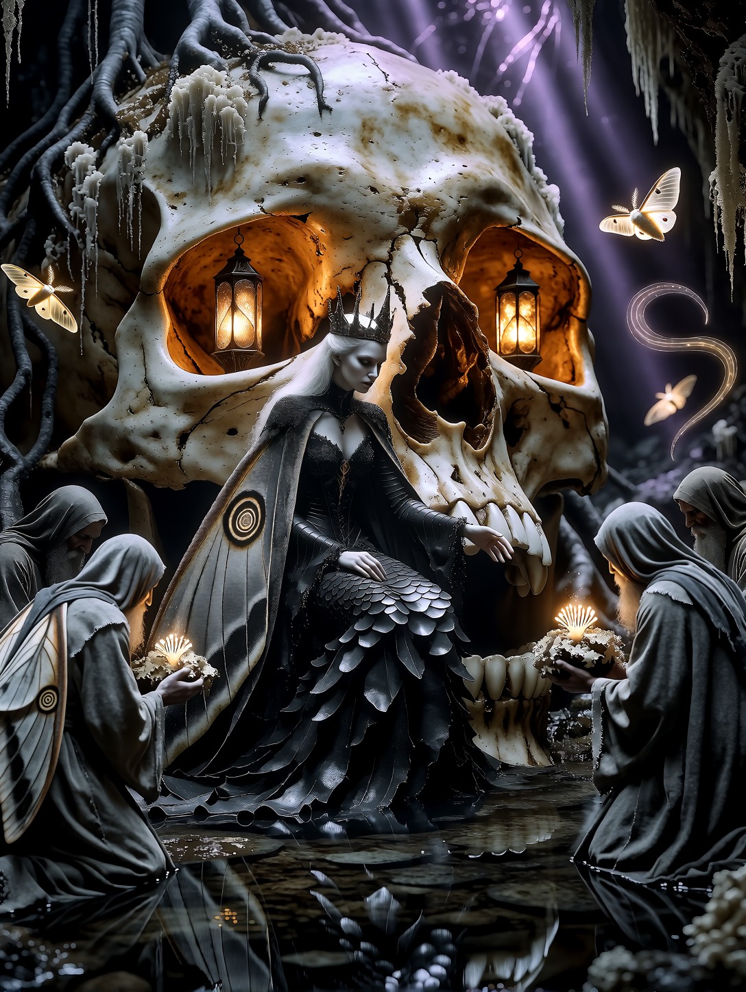 Moth Queen Enthroned In Giant Skull — AI generated image