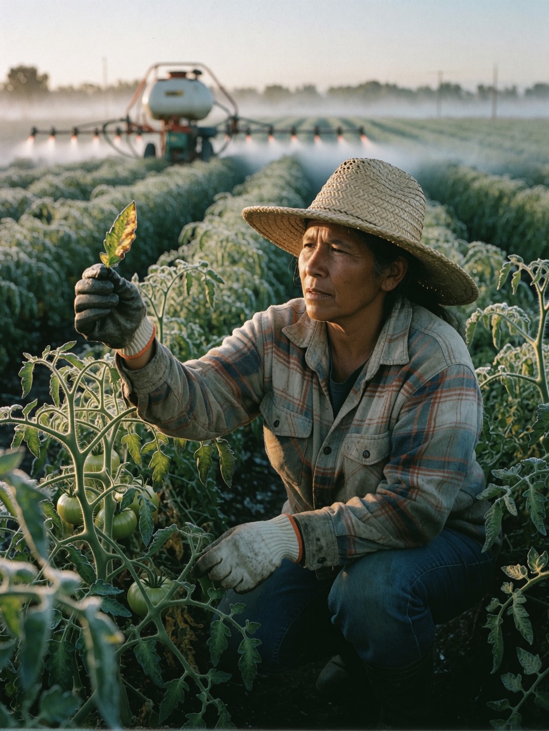 Farmworker Inspecting Dawn Tomato Field — AI generated image