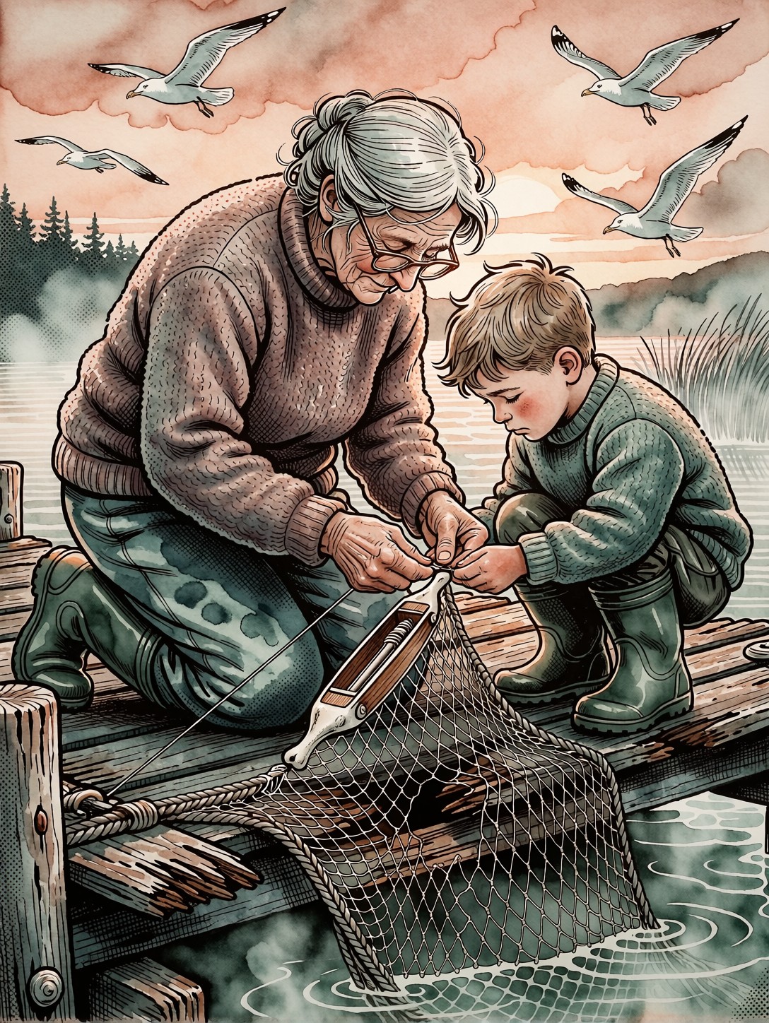 Grandmother Mending Nets With Grandson — AI generated image