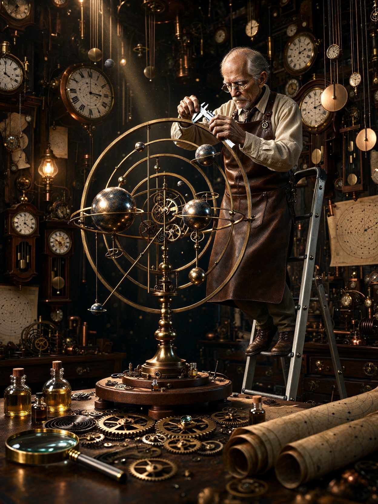Horologist Adjusting Brass Orrery — AI generated image