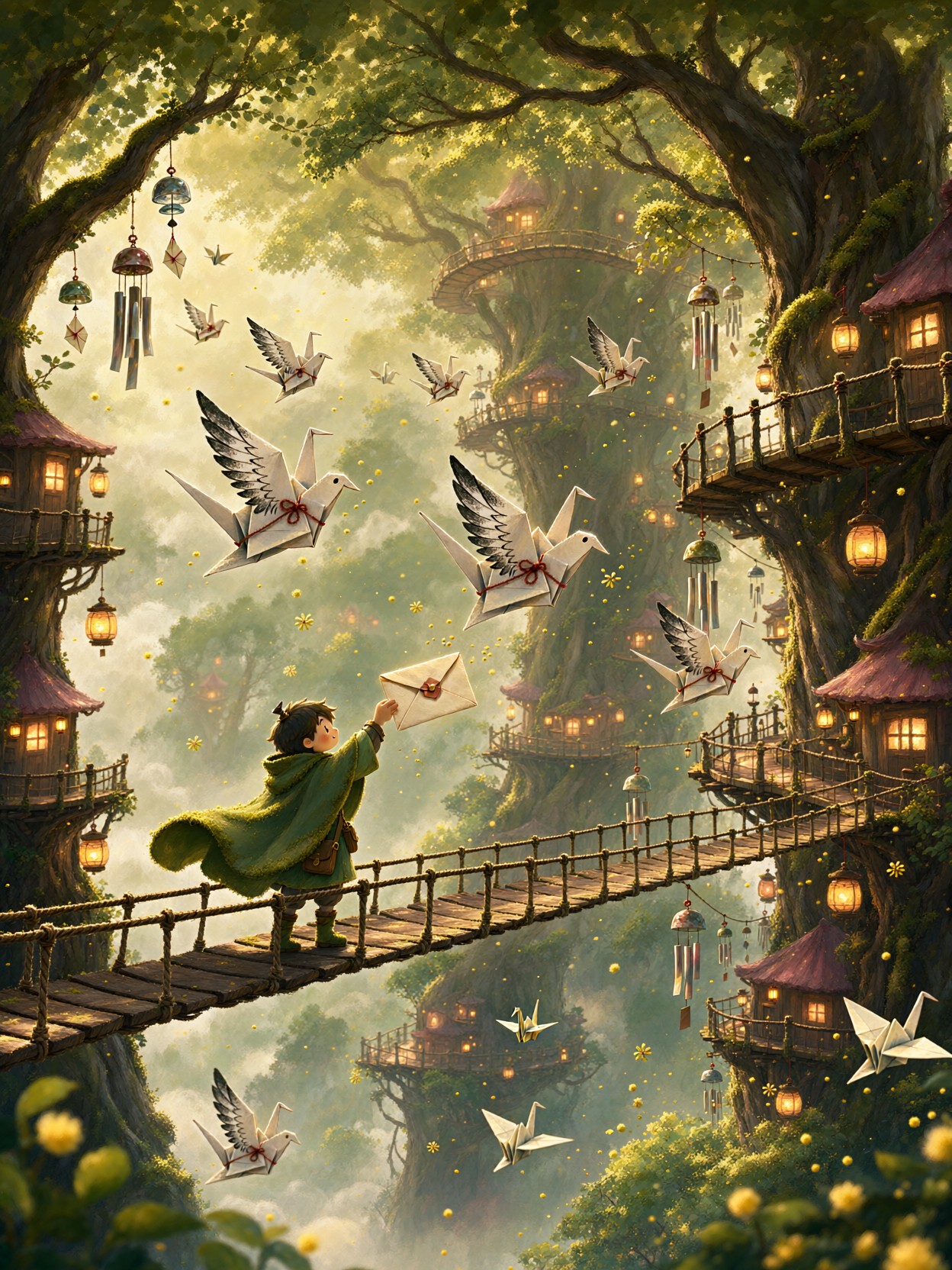 Messenger On Treetop Village Bridge — AI generated image