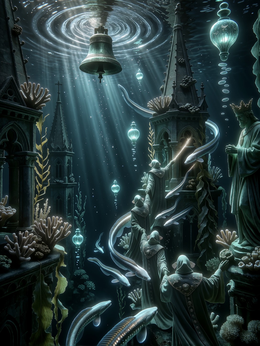 Sunken Cathedral City with Monks — AI generated image
