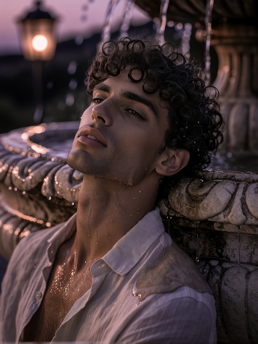 Man At Dusk Stone Fountain — AI generated image